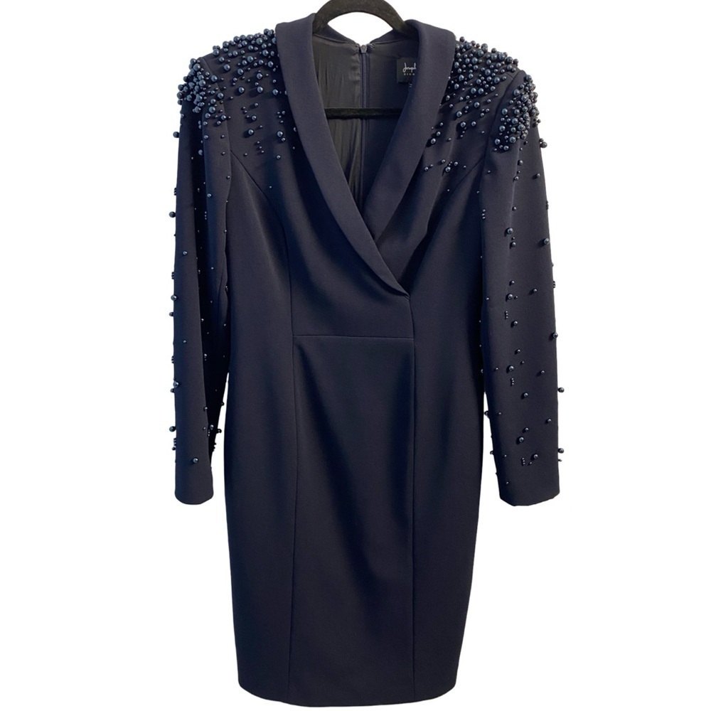Joseph Ribkoff VNeck Long Sleeve Midnight Blue Elegant Knit Beaded Dress Size 10